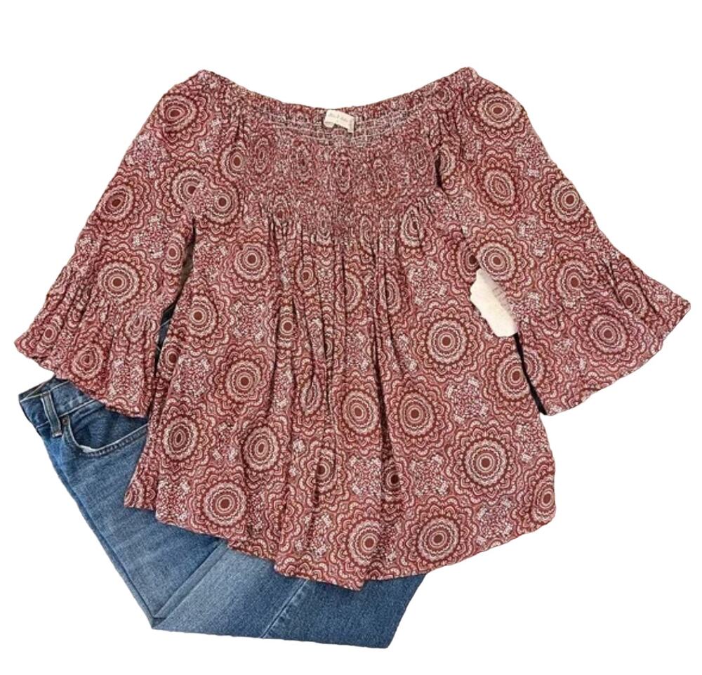 NWT Altar'd State Mauve/Coral & Ivory Floral Bell Sleeve Boho Festival Top - S